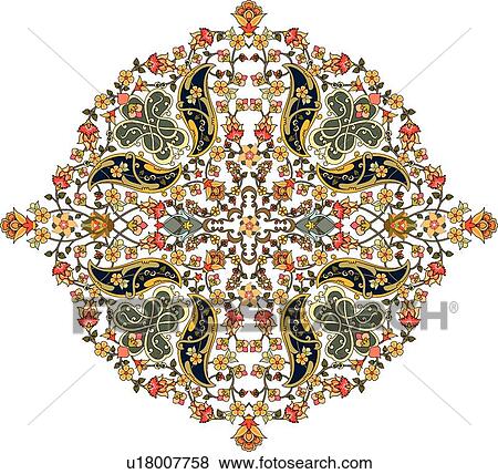 Round green, orange, black and pink Arabesque Design with flower accents View Large Clip Art Graphic Clip Art - Round green, orange, black and pink Arabesque Design with flower accents. Fotosearch