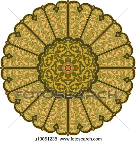 Clip Art - Round Green, orange, brown and pink leaf pattern Arabesque Design. Fotosearch