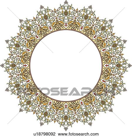 Clipart - Round green, yellow and orange Arabesque frame. Fotosearch