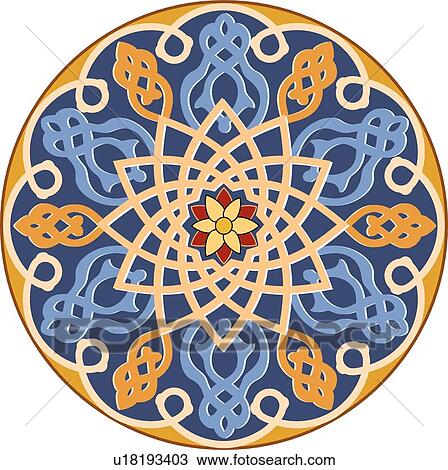 Round orange, blue red and yellow Arabesque Design with flower in the middle View Large Clip Art Graphic Clipart - Round orange, blue red and yellow Arabesque Design with flower in the middle. Fotosearch