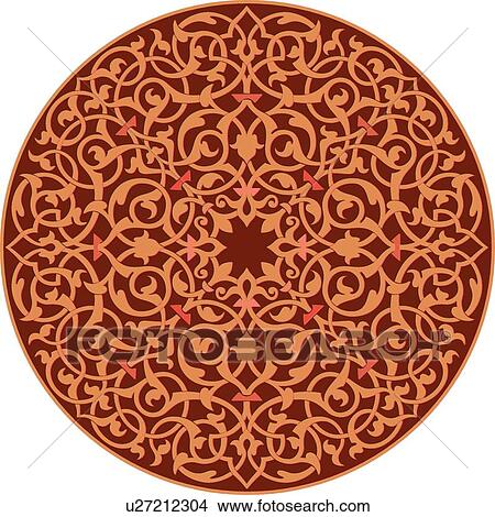 Clipart - Round red and orange leaf pattern Arabesque Design. Fotosearch