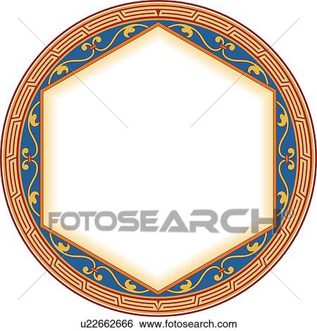 Clip Art - Round red, blue, yellow and orange Arabesque frame hexagon center. Fotosearch