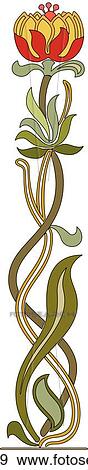 Clip Art - Single Orange and Red Flower on Long Green Stem with Leaves. Fotosearch