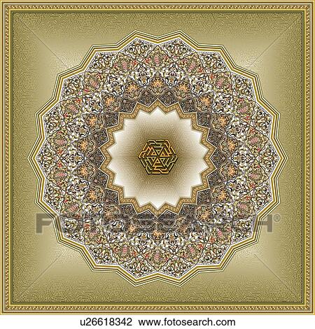 Clipart - Square gold, green and brown Arabesque Design. Fotosearch