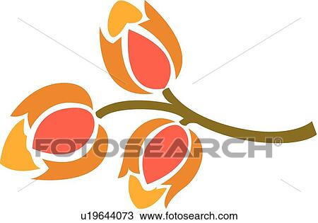 Clipart - Three orange and red flowers on a green stem illustration. Fotosearch