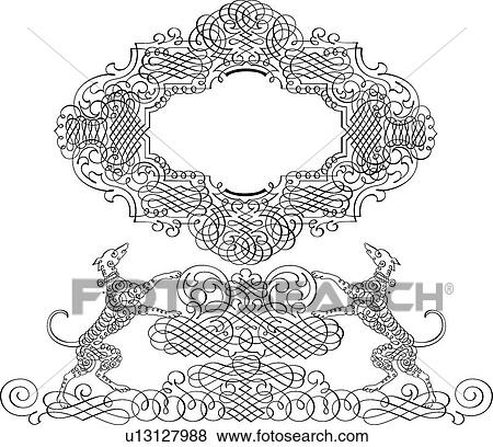 Clip Art - Two Dogs on a Calligraphic Design. Fotosearch