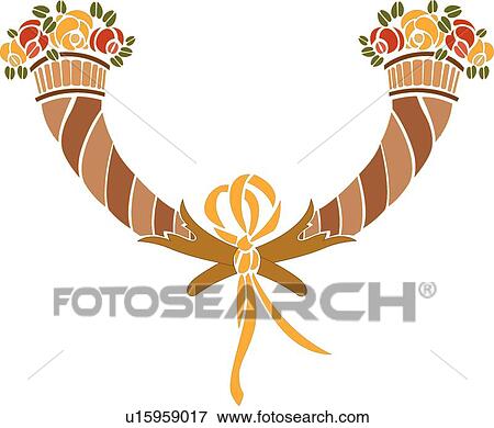 Two Floral Cornucopias with Yellow Ribbon View Large Clip Art Graphic Clip Art - Two Floral Cornucopias with Yellow Ribbon. Fotosearch