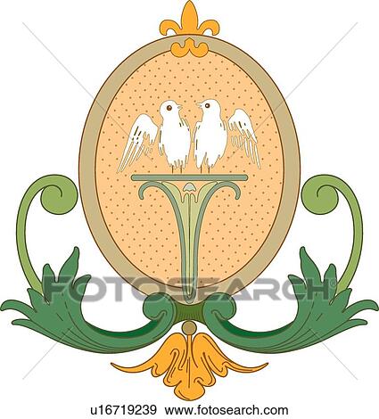 Clip Art - Two White Birds on a Perch in an Oval Frame. Fotosearch