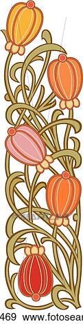 Clip Art - Vertical Green Vines with Orange, Red and Pink Flowers. Fotosearch