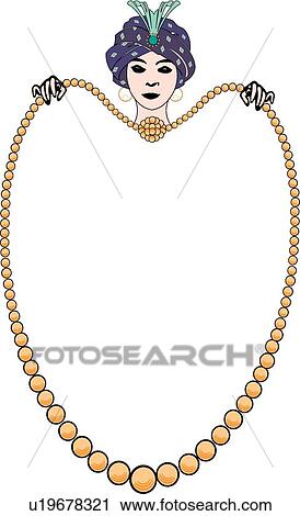 Clipart - Woman with hat holding necklace Frame. Fotosearch