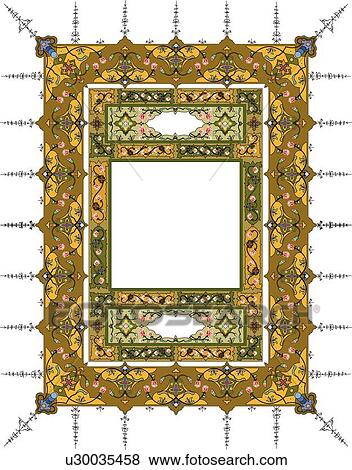 Clip Art - Yellow, brown, green and red rectangle Arabesque frame. Fotosearch