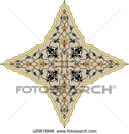 Clip Art - Yellow, orange, black and brown floral pattern cross shaped Arabesque Design. Fotosearch