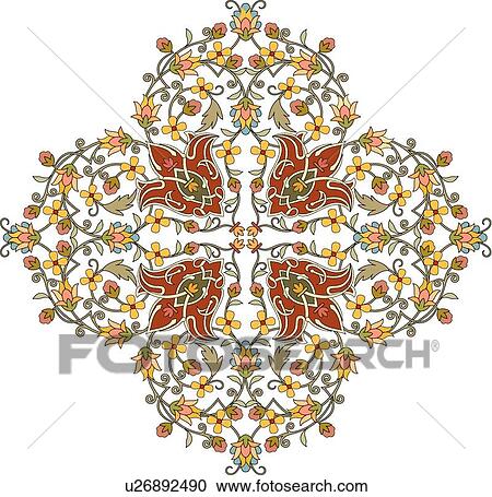 Clipart - Yellow, red and orange floral Arabesque Design. Fotosearch