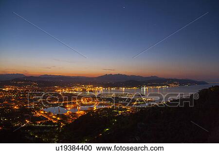 Stock Image - Aerial view of La Spezia and harbor. Fotosearch