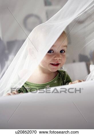 Baby girl playing in sheer curtain View Large Photo Image Stock Image - Baby girl playing in sheer curtain. Fotosearch