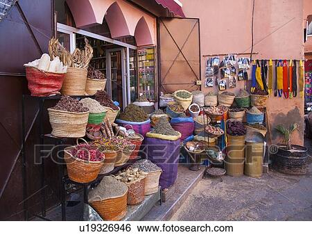 Stock Photograph - Baskets of food for sale at store. Fotosearch