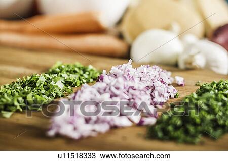 Stock Image - Close up of chopped chives and onions. Fotosearch