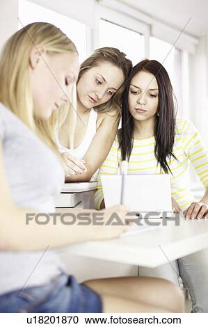 Stock Image - Teenage girls studying together. Fotosearch