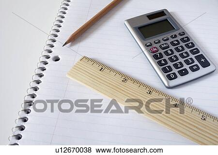 Calculator, ruler and pencil on notebook, studio shot View Large Photo Image Stock Photo - Calculator, ruler and pencil on notebook, studio shot. Fotosearch