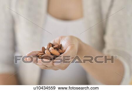 Close-up of woman holding almonds View Large Photo Image Stock Photo - Close-up of woman holding almonds. Fotosearch