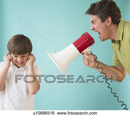 Father with megaphone yelling at son (8-9) View Large Photo Image Stock Photograph - Father with megaphone yelling at son (8-9). Fotosearch