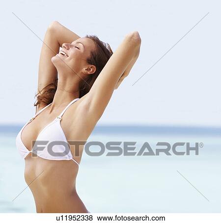 Portrait of young woman in bikini, hands behind head View Large Photo Image Stock Photo - Portrait of young woman in bikini, hands behind head. Fotosearch