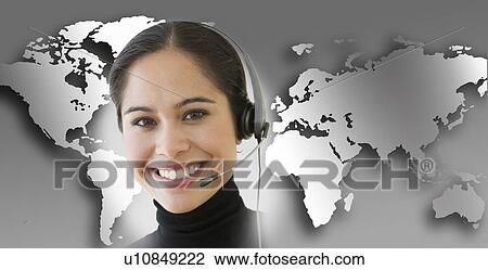 Woman with headset with world map in background View Large Photo Image Stock Image - Woman with headset with world map in background. Fotosearch