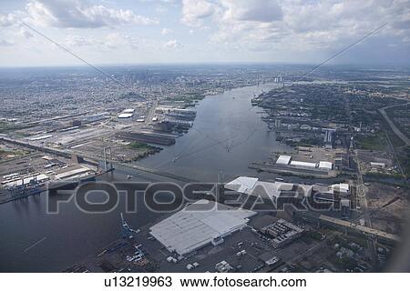 Stock Image - Aerial view of Delaware River, Philadelphia, PA. Fotosearch