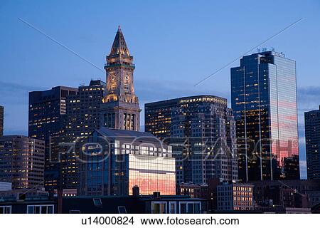 Picture - Boston Skyline at sunset features Commerce House Tower, Boston, MA.. Fotosearch