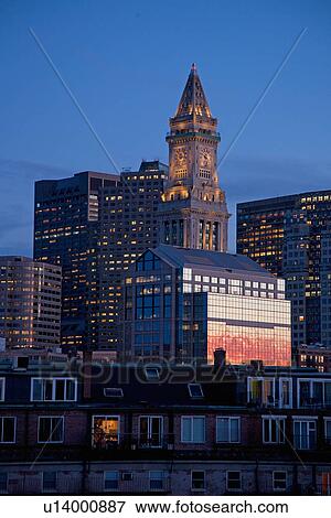 Boston Skyline at sunset features Commerce House Tower, Boston, MA. View Large Photo Image Stock Photo - Boston Skyline at sunset features Commerce House Tower, Boston, MA.. Fotosearch