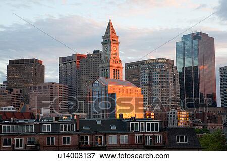Boston Skyline at sunset features Commerce House Tower, Boston, MA. View Large Photo Image Stock Photo - Boston Skyline at sunset features Commerce House Tower, Boston, MA.. Fotosearch