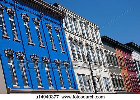 Stock Photo - Brightly colored store fronts, August, Maine. Fotosearch