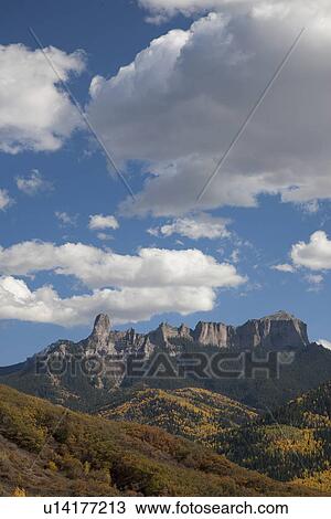 Stock Image - Chimney Peak and Courthouse Mountains in the Uncompahgre National Forest, Colorado. Fotosearch