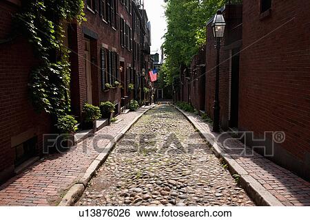 Cobblestone road leads to American Flag on historic Beacon Hill, Boston, MA View Large Photo Image Stock Photograph - Cobblestone road leads to American Flag on historic Beacon Hill, Boston, MA. Fotosearch