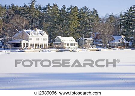 Frozen Pond and Houses in New England View Large Photo Image Stock Photograph - Frozen Pond and Houses in New England. Fotosearch