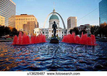 Old Courthouse, St. Louis Cardinals Fountains with Gateway Arch in rear, St. Louis, MO. View Large Photo Image Stock Photo - Old Courthouse, St. Louis Cardinals Fountains with Gateway Arch in rear, St. Louis, MO.. Fotosearch