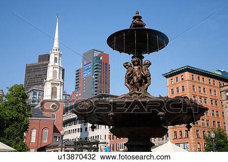 Stock Image - Park Street Steeple and Fountain, Boston Common, Boston, MA. Fotosearch