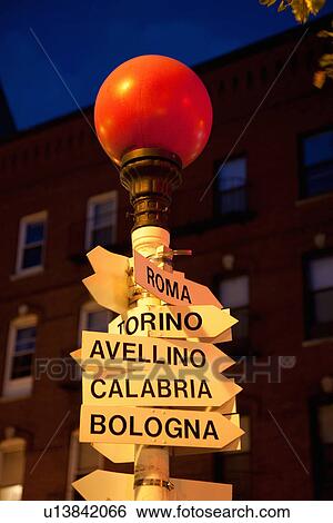 Stock Photograph - Road signs pointing to famous Italian towns, Boston, MA. Fotosearch
