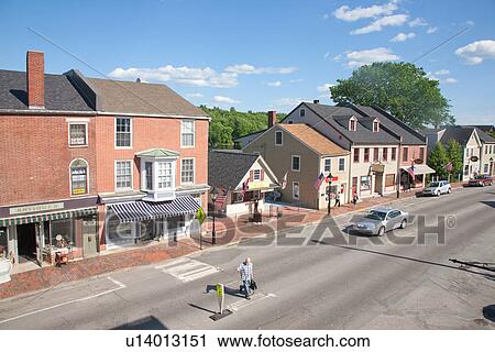 Stock Image - Storefronts line Water Street in Hallowell, Maine. Fotosearch