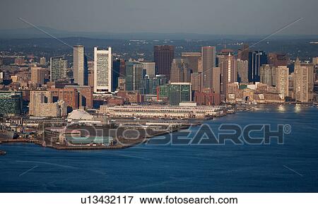 Stock Photo - Sunrise Aerials of Boston Skyline and New England. Fotosearch