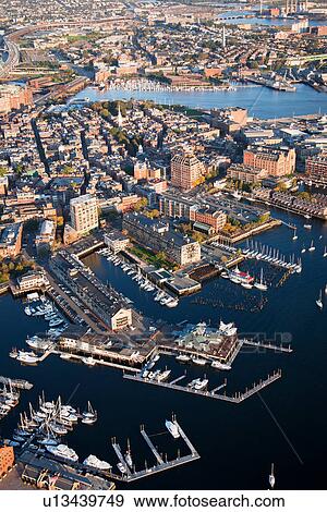 Stock Photo - Sunrise Aerials of Boston Skyline and New England. Fotosearch