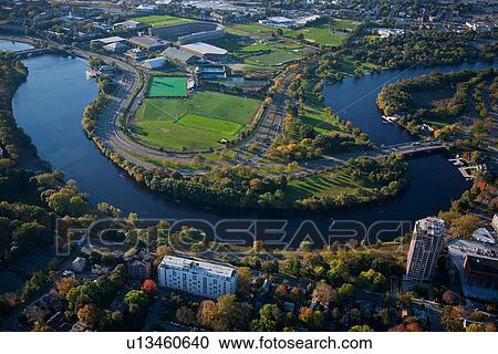 Stock Image - Sunrise Aerials of Charles River, Cambridge, Boston and New England. Fotosearch