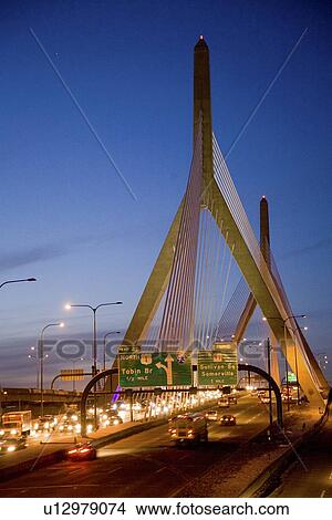The Leonard P. Zakim Bunker Hill Bridge at dusk View Large Photo Image Picture - The Leonard P. Zakim Bunker Hill Bridge at dusk. Fotosearch