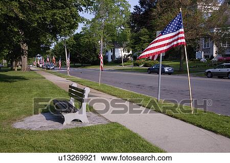 Stock Image - US Flag on Memorial Day, Concord, MA. Fotosearch