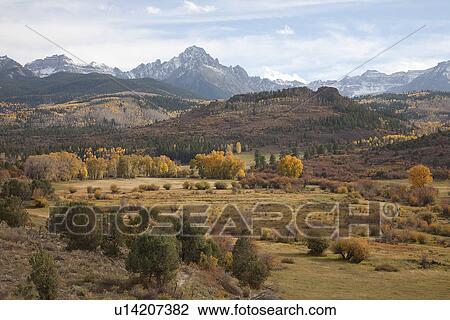 Stock Image - Valley view of San Juan Mountains looking toward Telluride Colorado, near Ridgeway, CO. Fotosearch