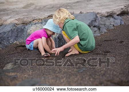 Picture - Children playing in sand on beach. Fotosearch