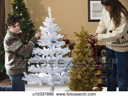 Couple decorating Christmas trees View Large Photo Image Stock Photograph - Couple decorating Christmas trees. Fotosearch