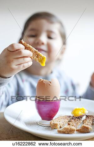 Girl dipping toast into egg at breakfast View Large Photo Image Stock Image - Girl dipping toast into egg at breakfast. Fotosearch