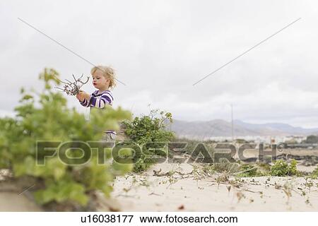 Girl playing with twigs on beach View Large Photo Image Stock Photo - Girl playing with twigs on beach. Fotosearch