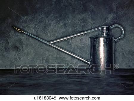 Stock Photography - Metal watering can on desk. Fotosearch